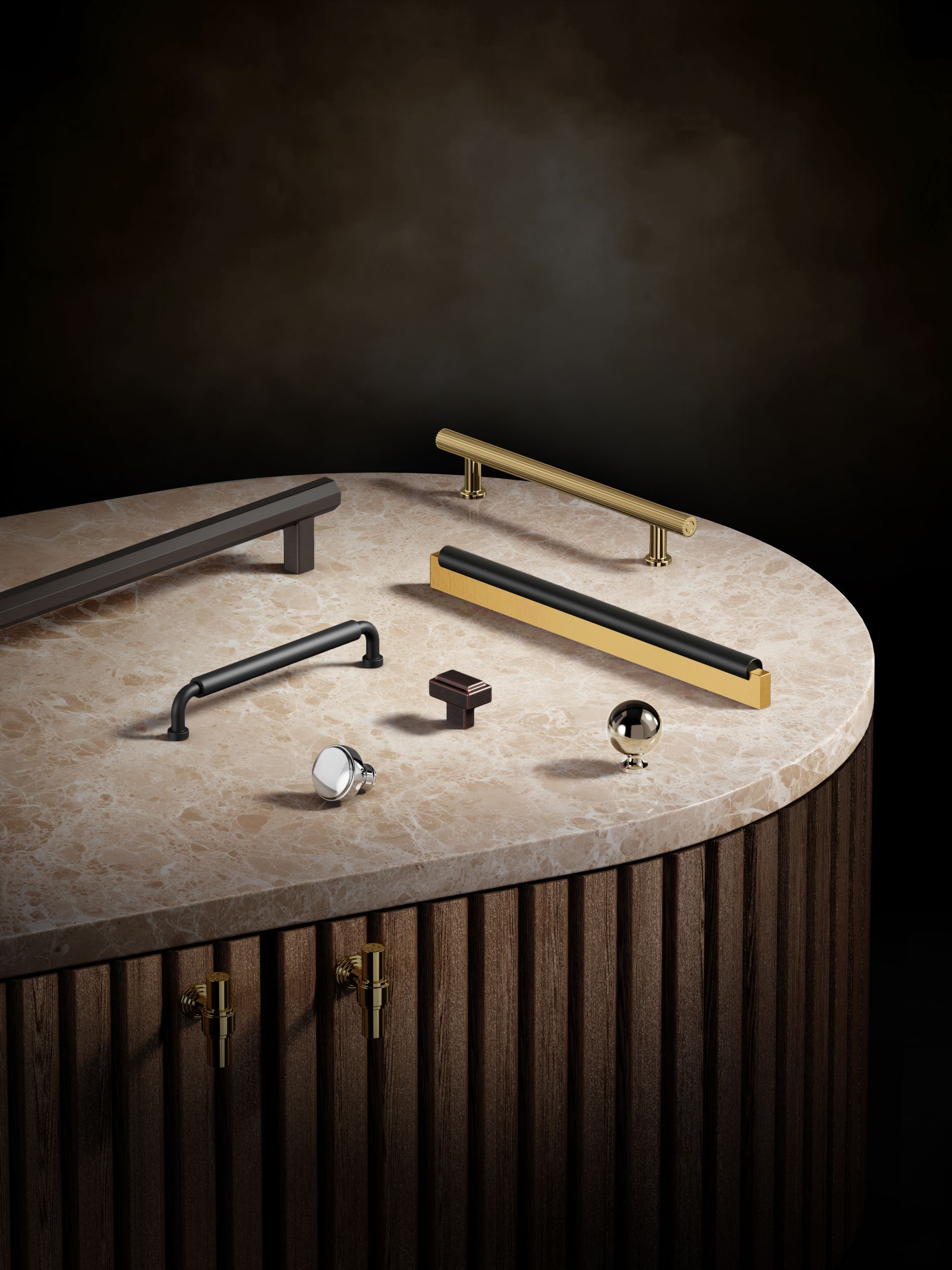 Cabinet hardware from Baldwin in brass and nickel finishes for the 2026 price book